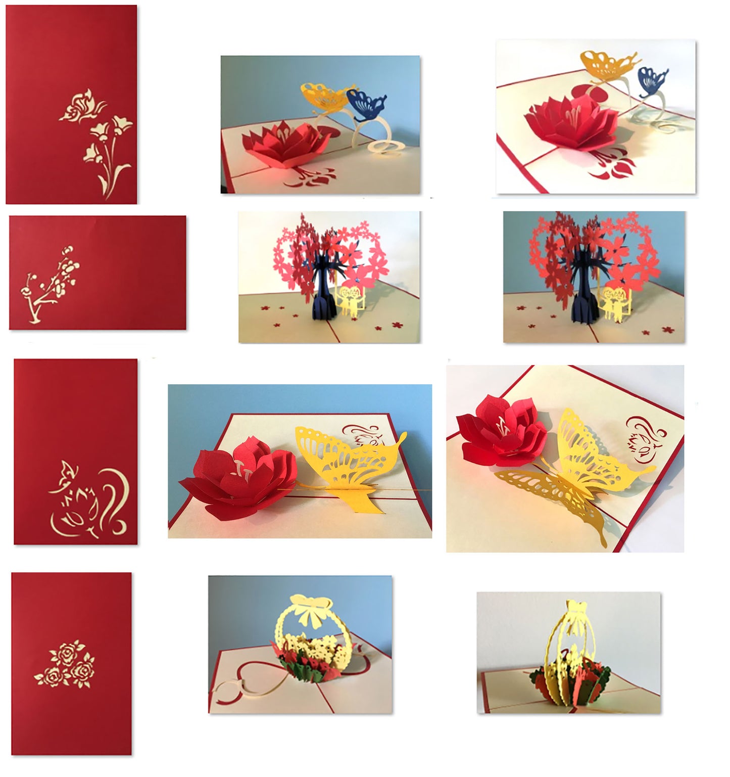 (4 cards) 3D Pop Up Greeting Blank Cards 4x 6 inch - Butterfly Garden Flower Basket