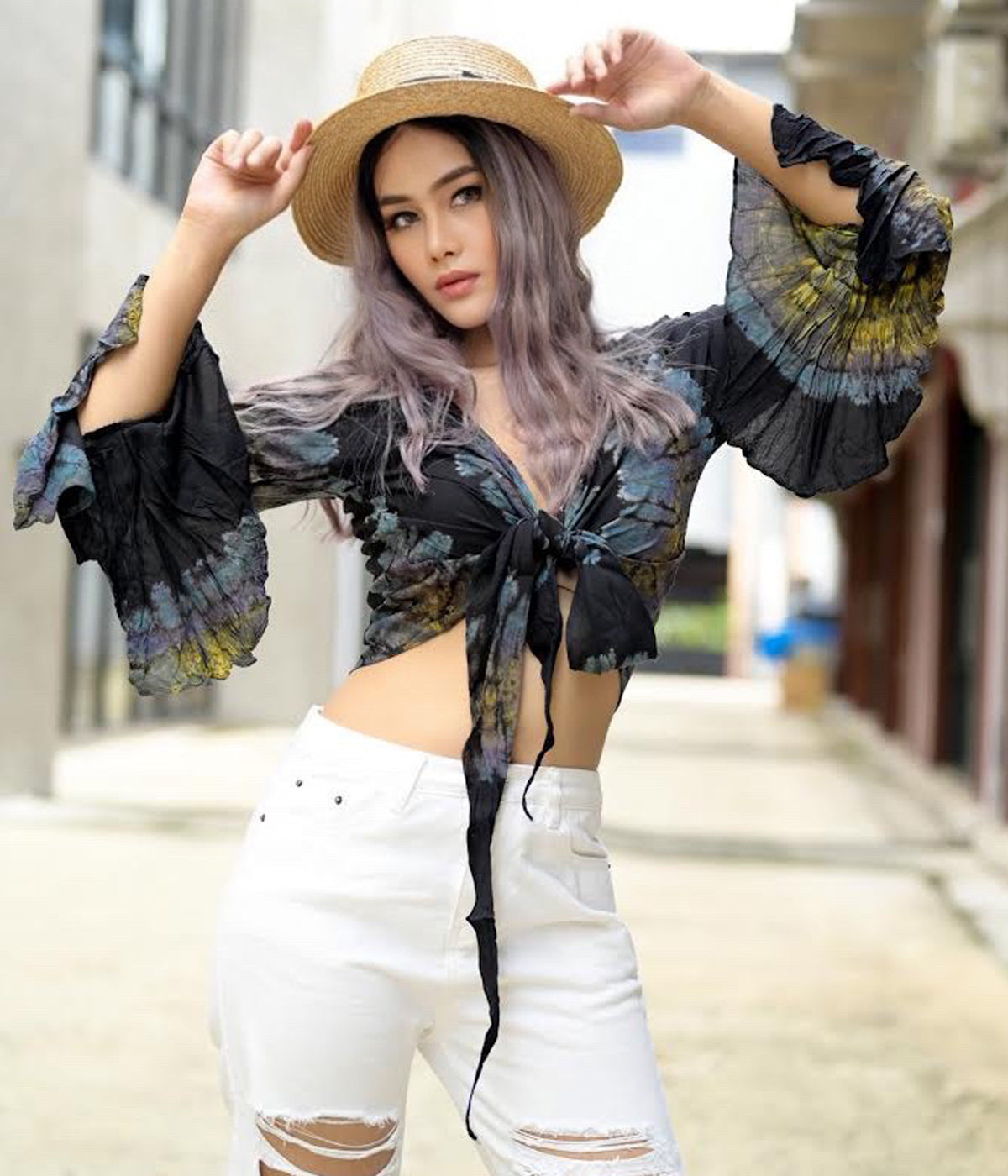 Women Petite & Teen CROP TOP Tie Front or Back Ruffle Bell Sleeve Free Size Handmade Tie Dye (01 Black Night)