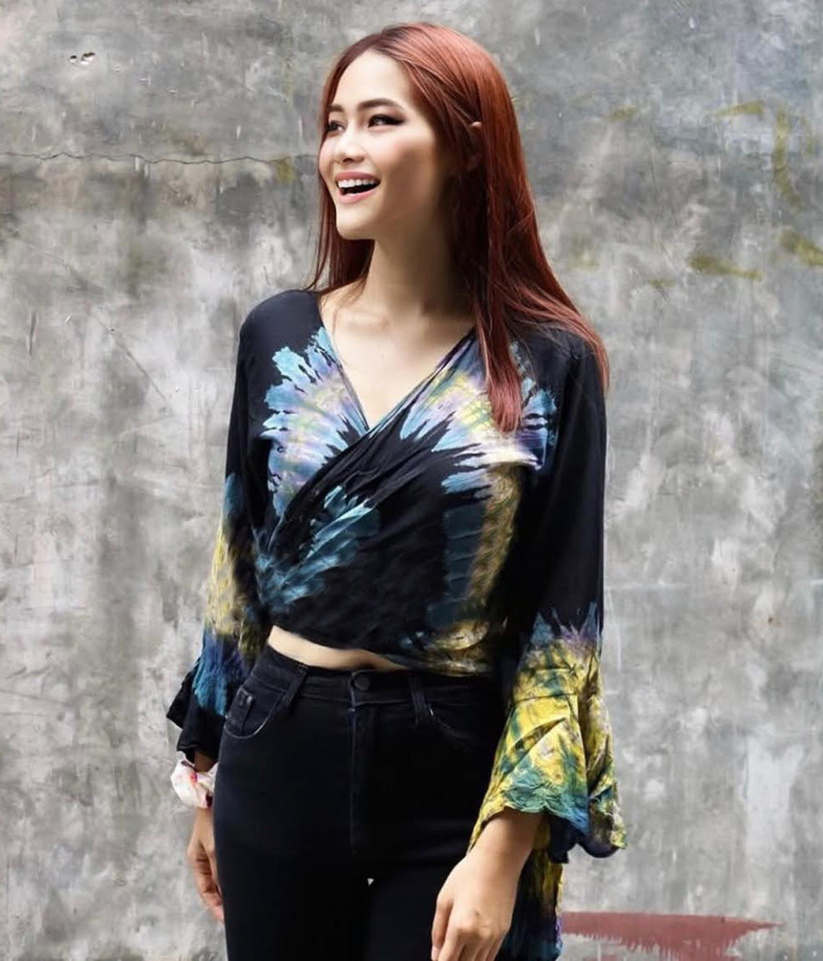 Women Petite & Teen CROP TOP Tie Front or Back Ruffle Bell Sleeve Free Size Handmade Tie Dye (01 Black Night)