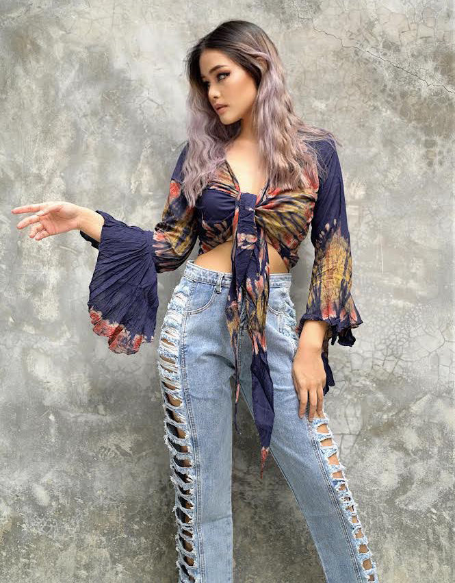 Women Petite & Teen CROP TOP Tie Front or Back Ruffle Bell Sleeve Free Size Handmade Tie Dye (04 Blue Midnight Blue)