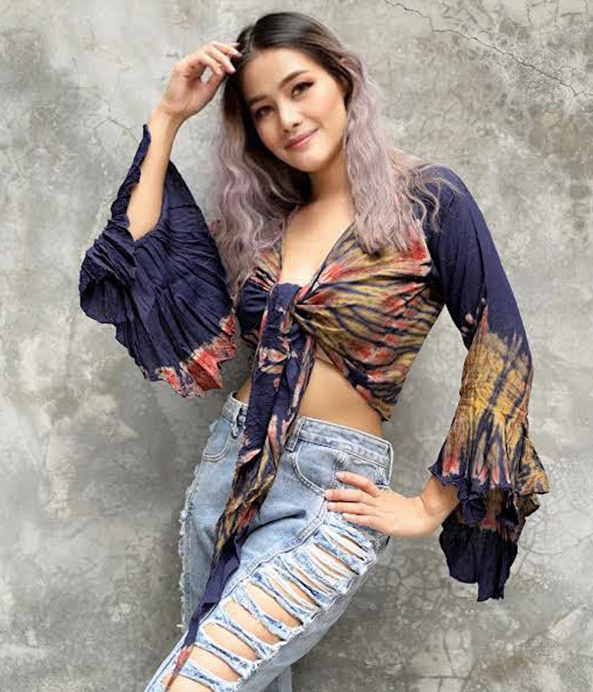 Women Petite & Teen CROP TOP Tie Front or Back Ruffle Bell Sleeve Free Size Handmade Tie Dye (04 Blue Midnight Blue)