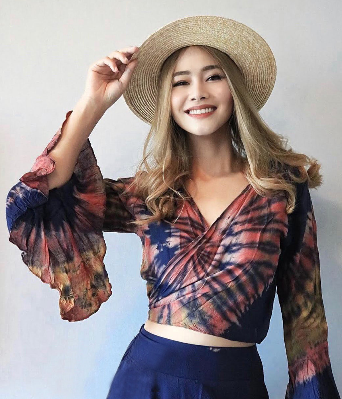 Women Petite & Teen CROP TOP Tie Front or Back Ruffle Bell Sleeve Free Size Handmade Tie Dye (04 Blue Midnight Blue)