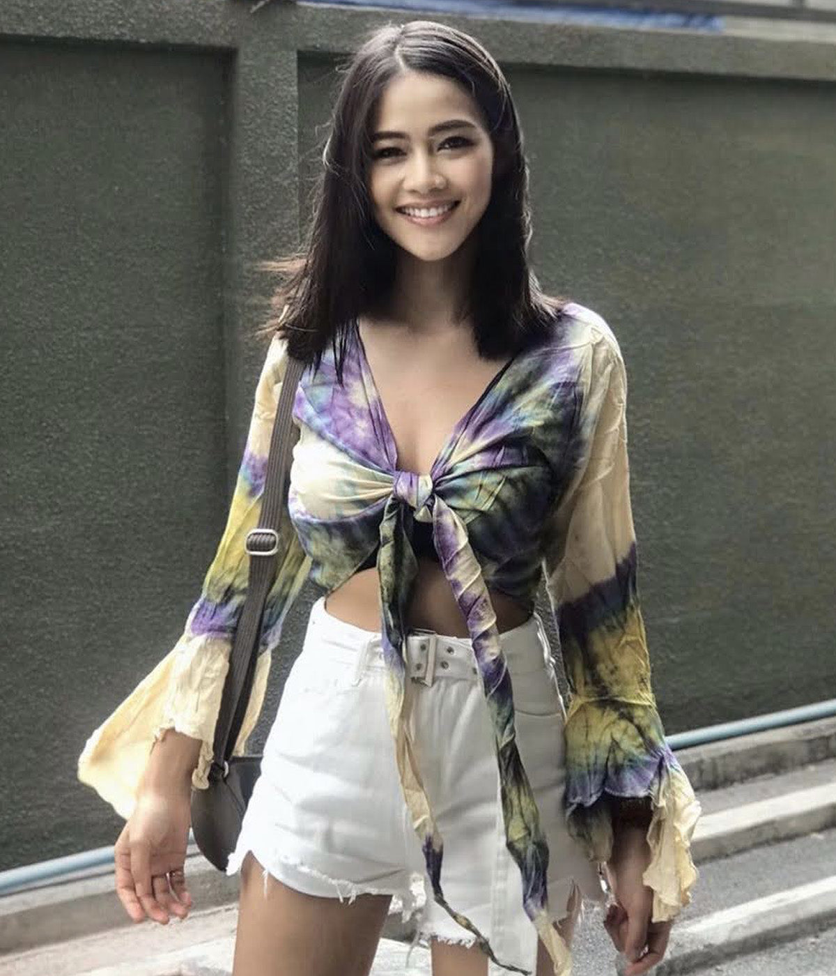 Women Petite & Teen CROP TOP Tie Front or Back Ruffle Bell Sleeve Free Size Handmade Tie Dye (12 Cream Rasberry)