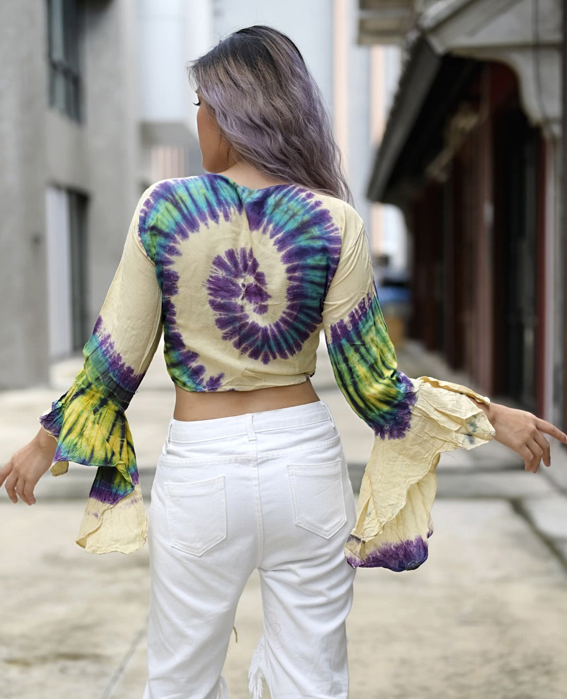 Women Petite & Teen CROP TOP Tie Front or Back Ruffle Bell Sleeve Free Size Handmade Tie Dye (12 Cream Rasberry)