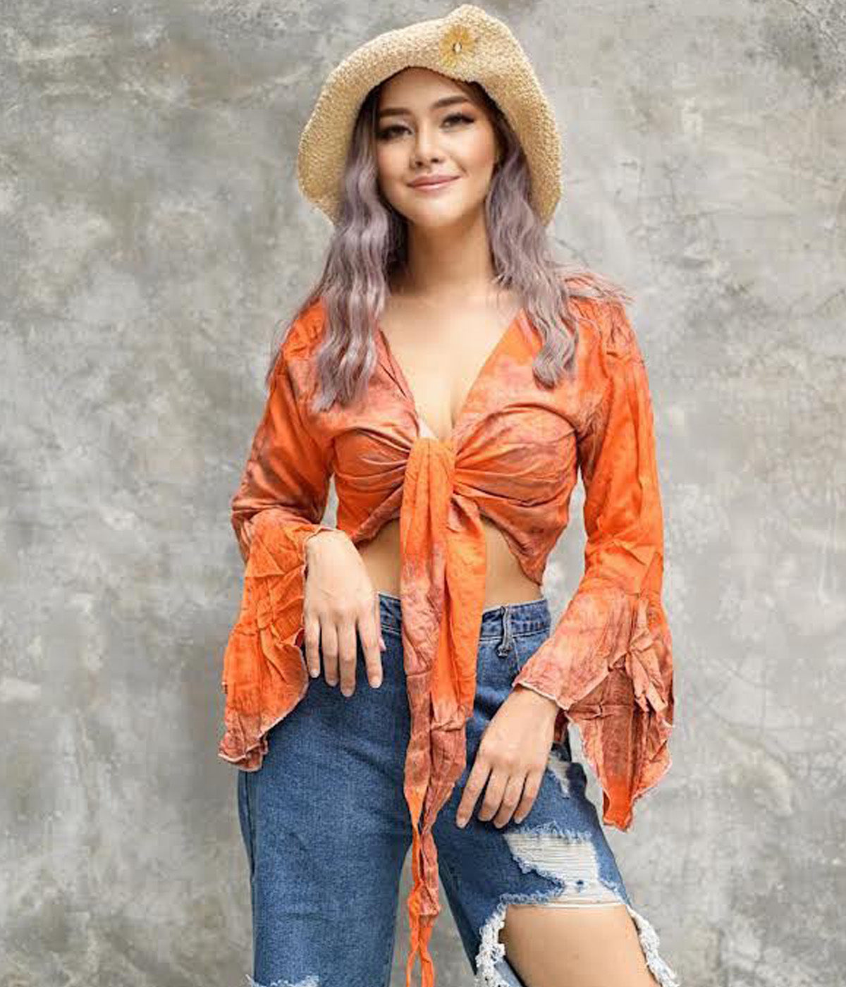 Women Petite & Teen CROP TOP Tie Front or Back Ruffle Bell Sleeve Free Size Handmade Tie Dye (17 Orange)