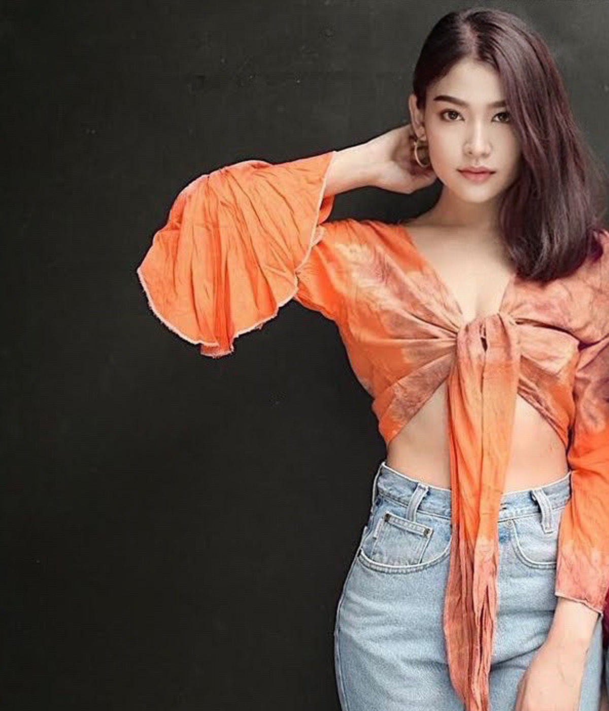 Women Petite & Teen CROP TOP Tie Front or Back Ruffle Bell Sleeve Free Size Handmade Tie Dye (17 Orange)