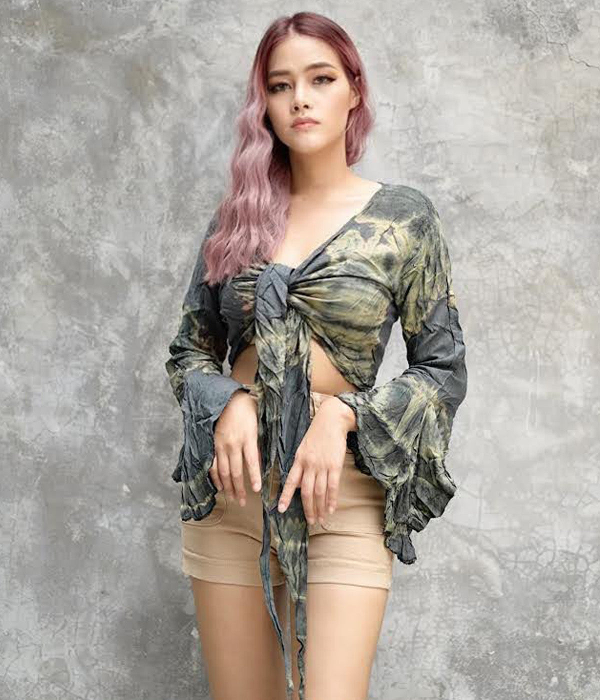 Women Petite & Teen CROP TOP Tie Front or Back Ruffle Bell Sleeve Free Size Handmade Tie Dye (15 Green Pewter)