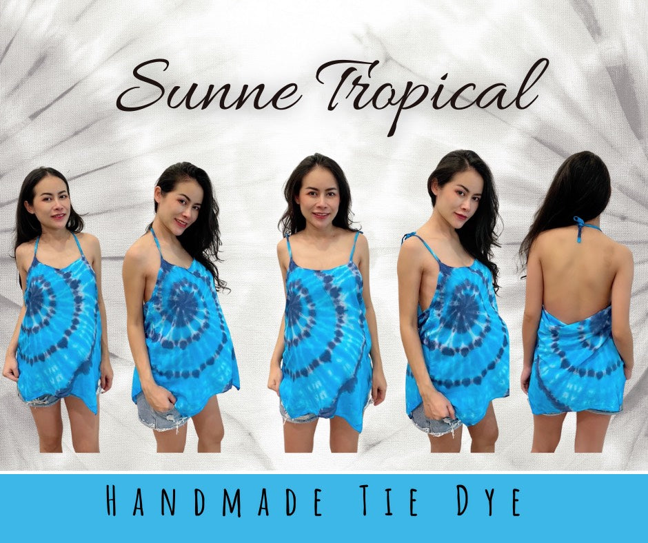 Cami Camisole Teen & Women, One Size Free Size Fit 0 to 8, Handmade Tie Dyed - Blue Wave