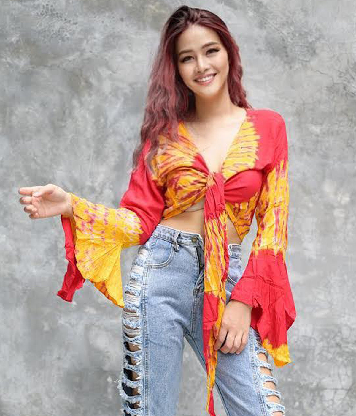 Women Petite & Teen CROP TOP Tie Front or Back Ruffle Bell Sleeve Free Size Handmade Tie Dye (18 Orange Tangerine)