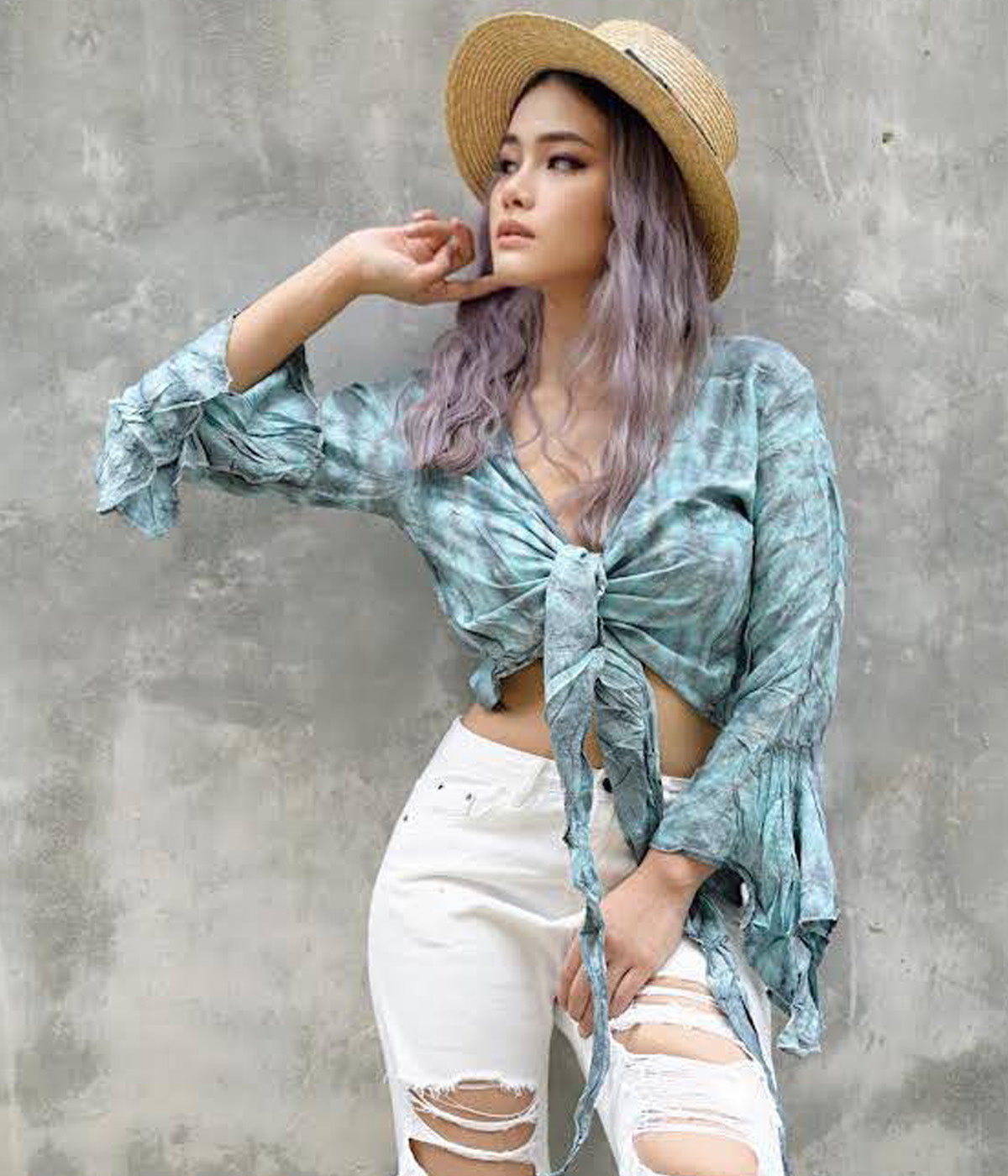 Women Petite & Teen CROP TOP Tie Front or Back Ruffle Bell Sleeve Free Size Handmade Tie Dye (10 Blue Cadet)