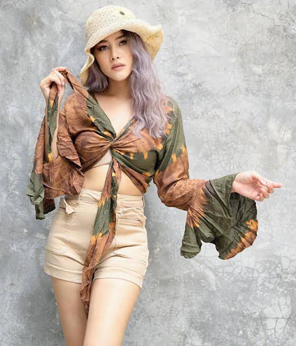 Women Petite & Teen CROP TOP Tie Front or Back Ruffle Bell Sleeve Free Size Handmade Tie Dye (14 Green Khaki)