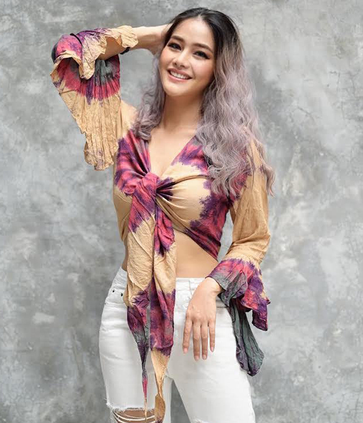 Women Petite & Teen CROP TOP Tie Front or Back Ruffle Bell Sleeve Free Size Handmade Tie Dye (13 Cream Cherry)