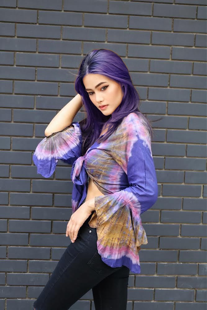 Women Petite & Teen CROP TOP Tie Front or Back Ruffle Bell Sleeve Free Size Handmade Tie Dye (24 Purple Orchid)