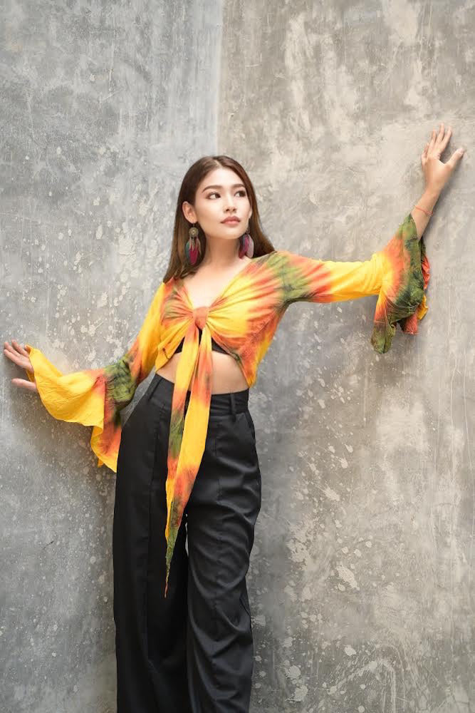 Women Petite & Teen CROP TOP Tie Front or Back Ruffle Bell Sleeve Free Size Handmade Tie Dye (33-Yellow-Sunflower)