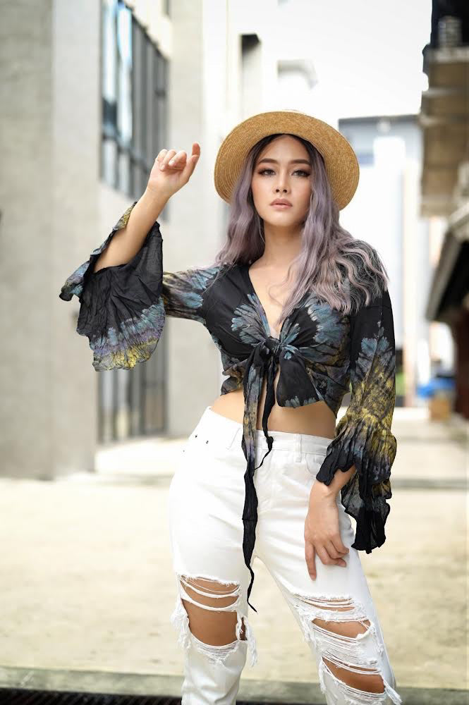 Women Petite & Teen CROP TOP Tie Front or Back Ruffle Bell Sleeve Free Size Handmade Tie Dye (01 Black Night)