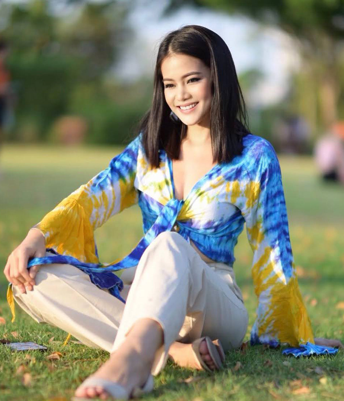 Women Petite & Teen CROP TOP Tie Front or Back Ruffle Bell Sleeve Free Size Handmade Tie Dye (08 Blue Sky)
