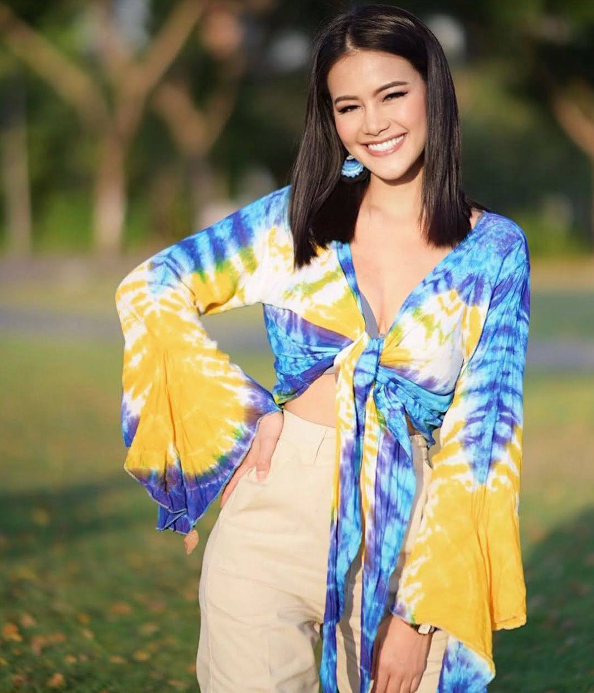 Women Petite & Teen CROP TOP Tie Front or Back Ruffle Bell Sleeve Free Size Handmade Tie Dye (08 Blue Sky)