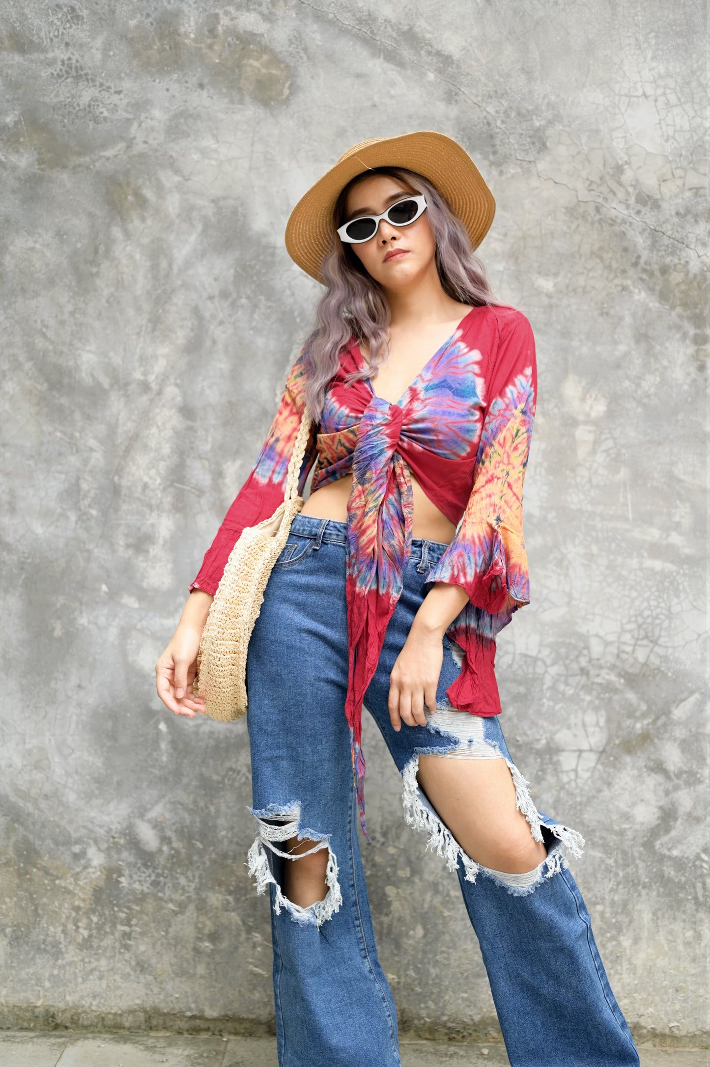 Women Petite & Teen CROP TOP Tie Front or Back Ruffle Bell Sleeve Free Size Handmade Tie Dye (25 Red Coral)