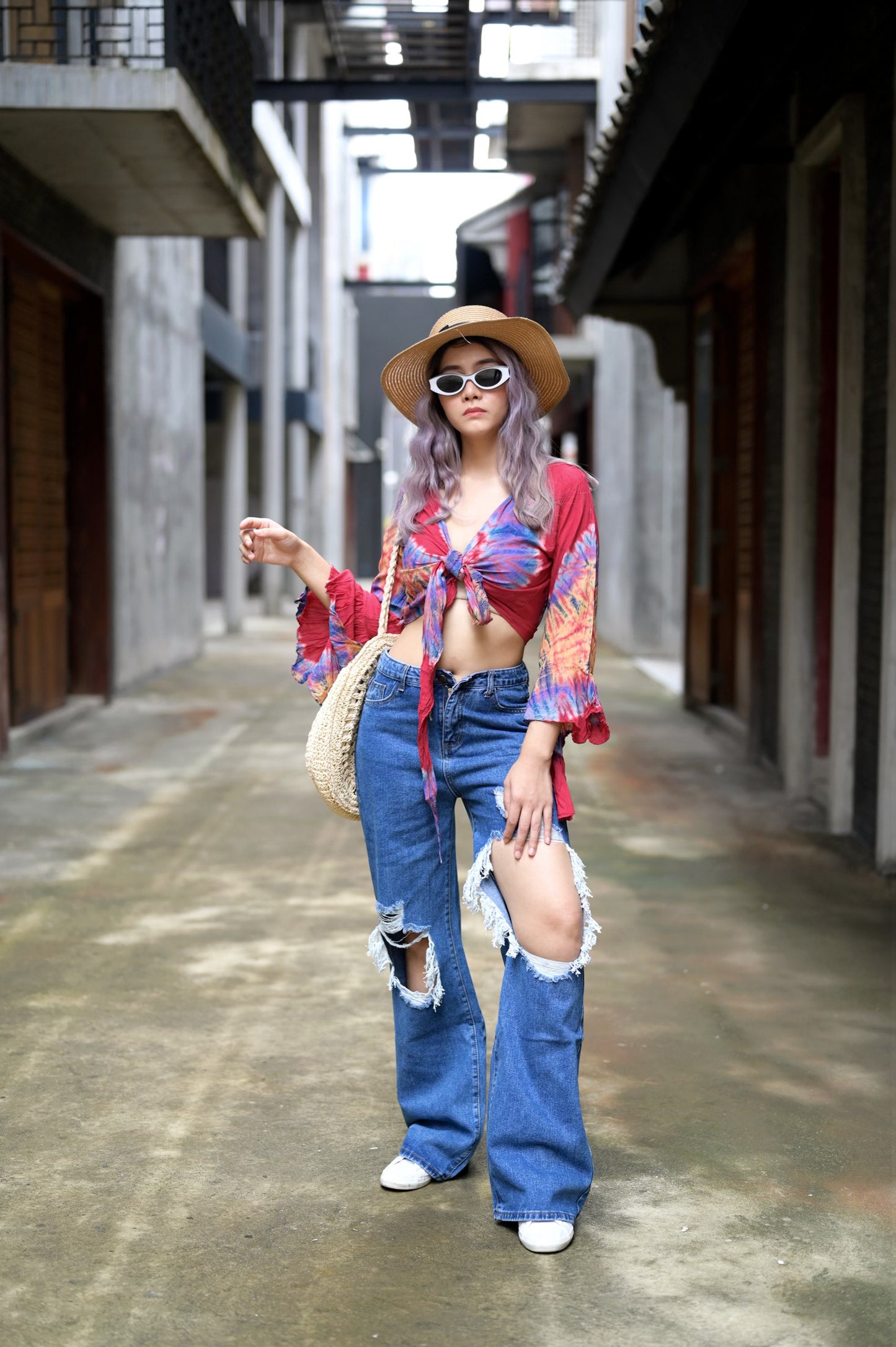 Women Petite & Teen CROP TOP Tie Front or Back Ruffle Bell Sleeve Free Size Handmade Tie Dye (25 Red Coral)