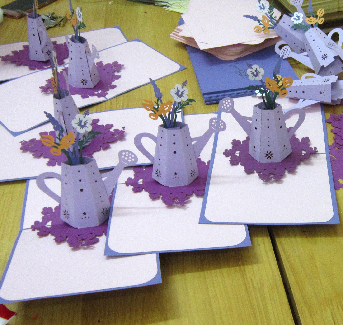 (3 Cards Pack) 3D Pop Up Flower Card 5.75 Inch Greeting Card - Purple Lavender Kettle Flower Pot