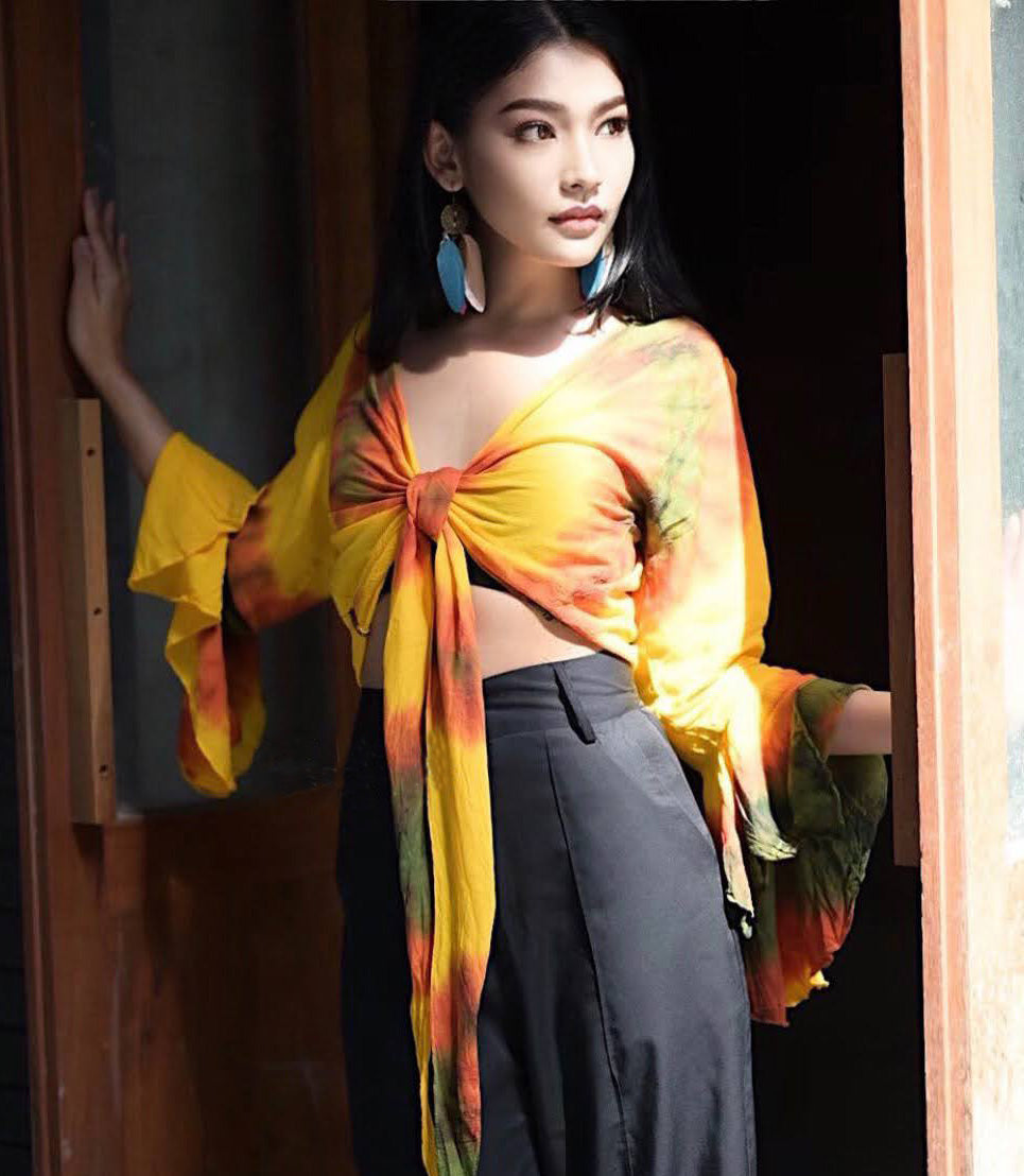 Women Petite & Teen CROP TOP Tie Front or Back Ruffle Bell Sleeve Free Size Handmade Tie Dye (33-Yellow-Sunflower)
