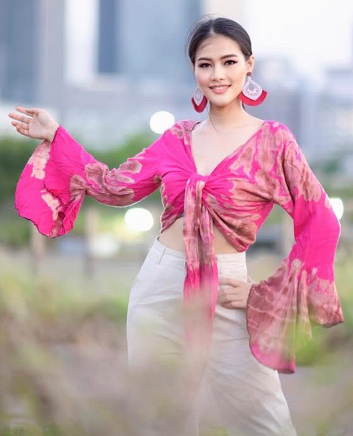 Women Petite & Teen CROP TOP Tie Front or Back Ruffle Bell Sleeve Free Size Handmade Tie Dye (20 Pink Pretty)