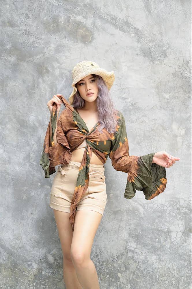 Women Petite & Teen CROP TOP Tie Front or Back Ruffle Bell Sleeve Free Size Handmade Tie Dye (14 Green Khaki)