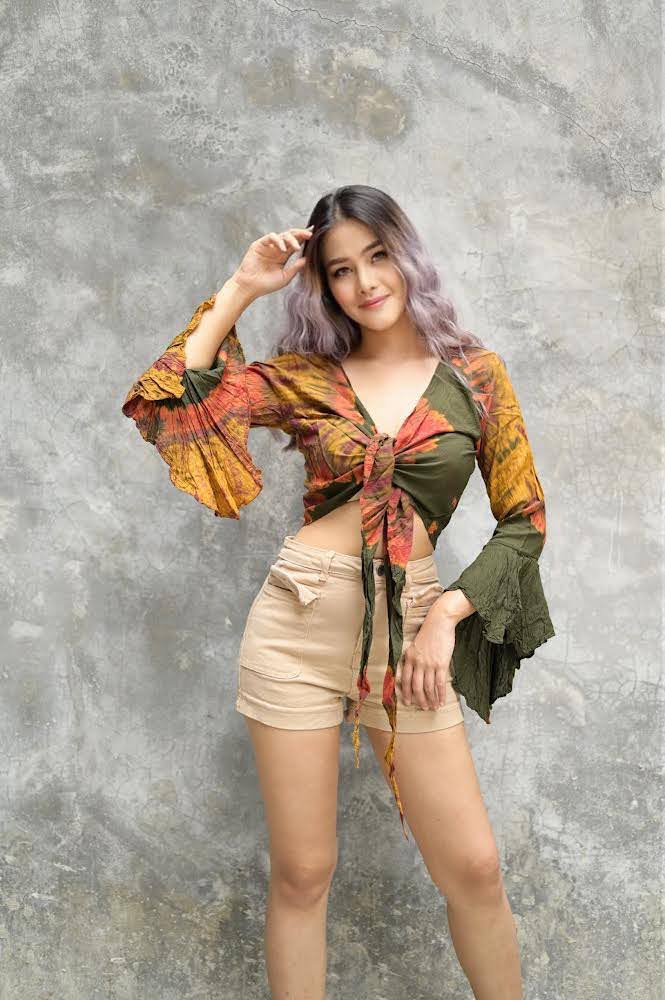 Women Petite & Teen CROP TOP Tie Front or Back Ruffle Bell Sleeve Free Size Handmade Tie Dye (32 Yellow Merigold Dijon)