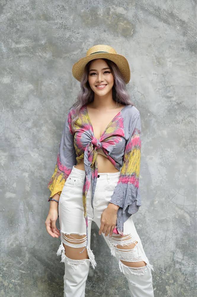 Women Petite & Teen CROP TOP Tie Front or Back Ruffle Bell Sleeve Free Size Handmade Tie Dye (16 Grey Yellow Mustard)