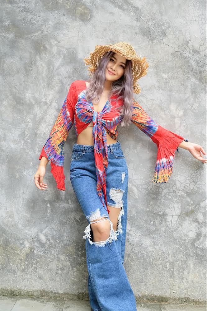 Women Petite & Teen CROP TOP Tie Front or Back Ruffle Bell Sleeve Free Size Handmade Tie Dye (28 Red Salmon)