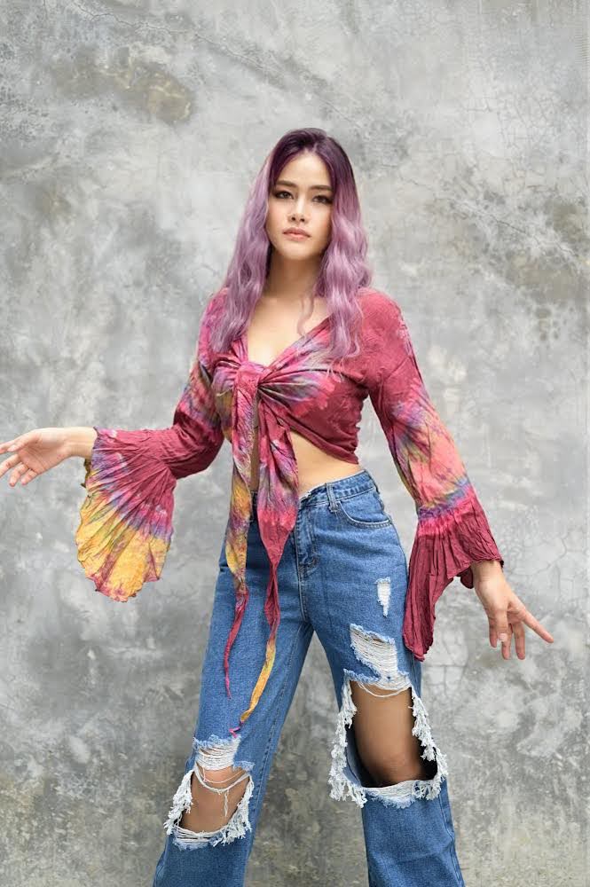 Women Petite & Teen CROP TOP Tie Front or Back Ruffle Bell Sleeve Free Size Handmade Tie Dye (23 Pink Hibiscus)