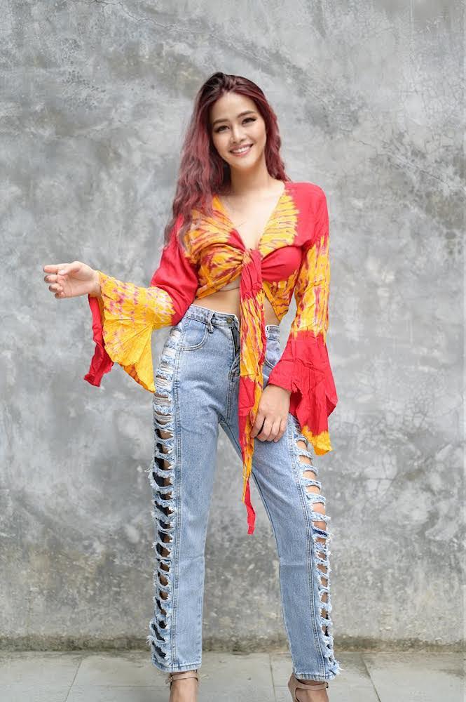 Women Petite & Teen CROP TOP Tie Front or Back Ruffle Bell Sleeve Free Size Handmade Tie Dye (18 Orange Tangerine)