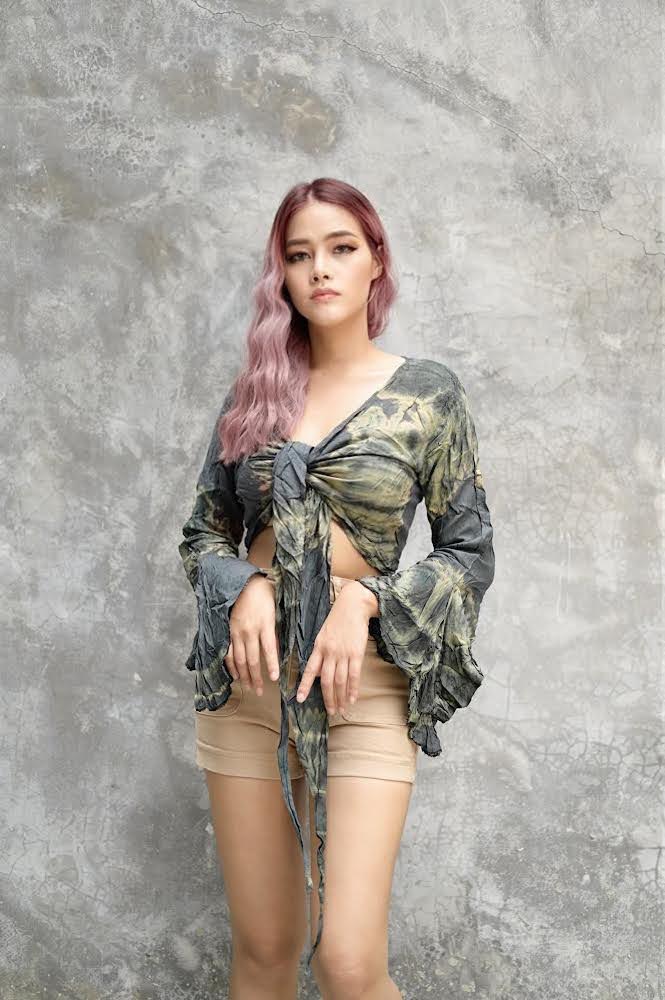 Women Petite & Teen CROP TOP Tie Front or Back Ruffle Bell Sleeve Free Size Handmade Tie Dye (15 Green Pewter)