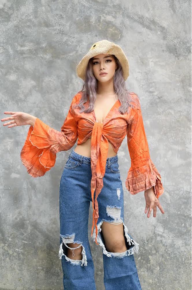 Women Petite & Teen CROP TOP Tie Front or Back Ruffle Bell Sleeve Free Size Handmade Tie Dye (17 Orange)