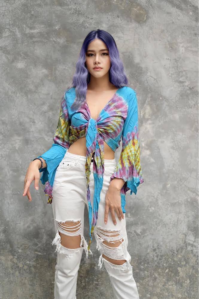Women Petite & Teen CROP TOP Tie Front or Back Ruffle Bell Sleeve Free Size Handmade Tie Dye (07 Blue Ocean)