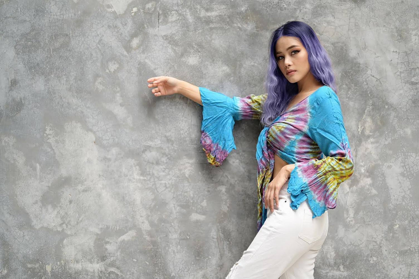 Women Petite & Teen CROP TOP Tie Front or Back Ruffle Bell Sleeve Free Size Handmade Tie Dye (07 Blue Ocean)