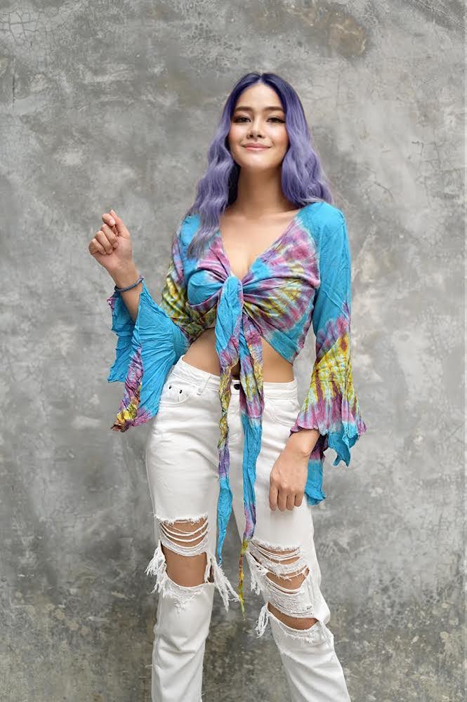 Women Petite & Teen CROP TOP Tie Front or Back Ruffle Bell Sleeve Free Size Handmade Tie Dye (07 Blue Ocean)