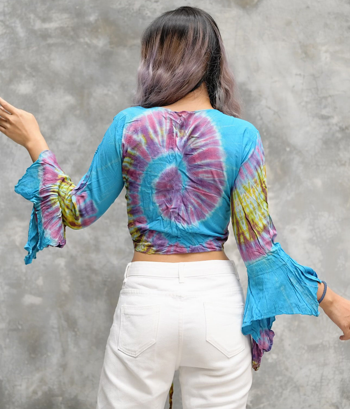 Women Petite & Teen CROP TOP Tie Front or Back Ruffle Bell Sleeve Free Size Handmade Tie Dye (07 Blue Ocean)