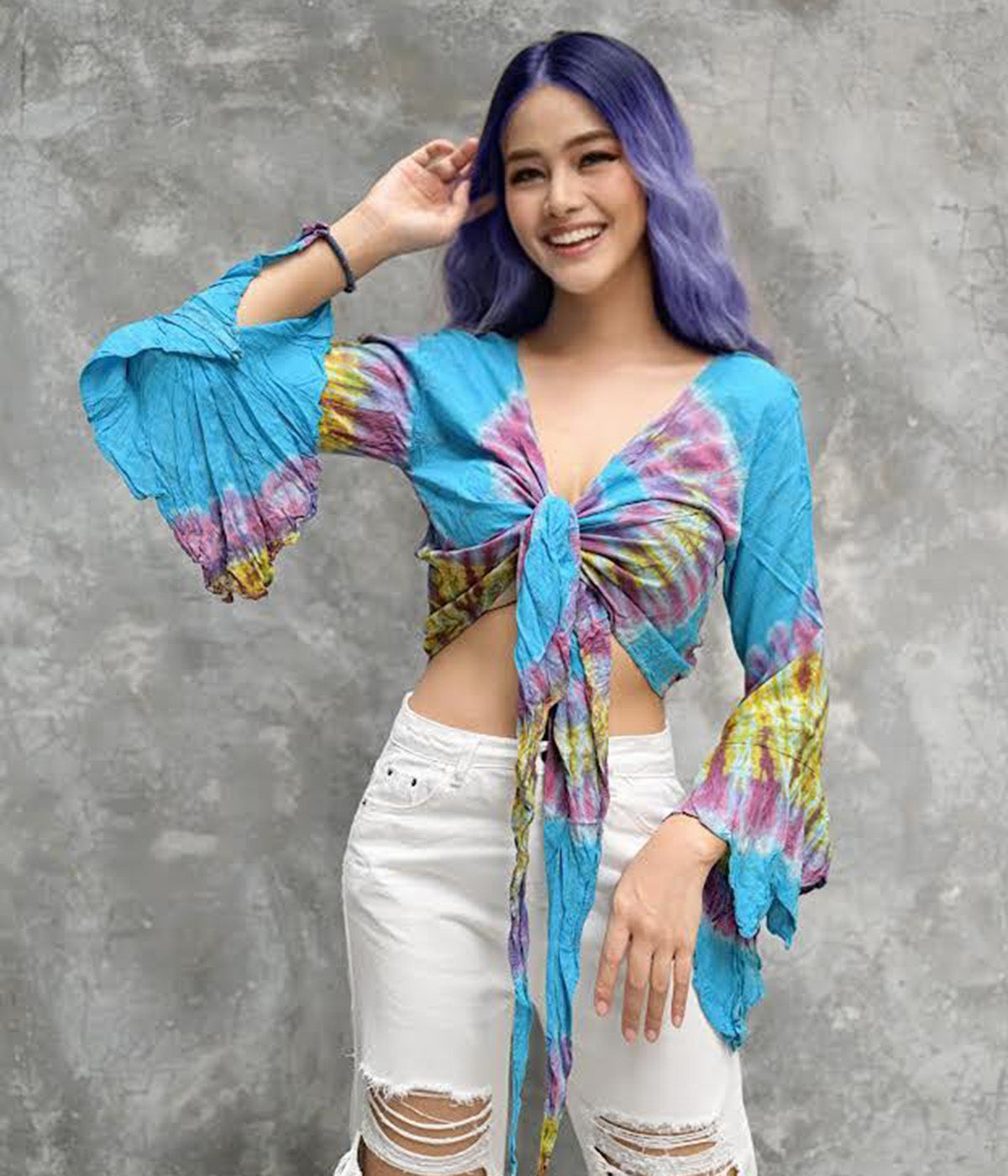 Women Petite & Teen CROP TOP Tie Front or Back Ruffle Bell Sleeve Free Size Handmade Tie Dye (07 Blue Ocean)