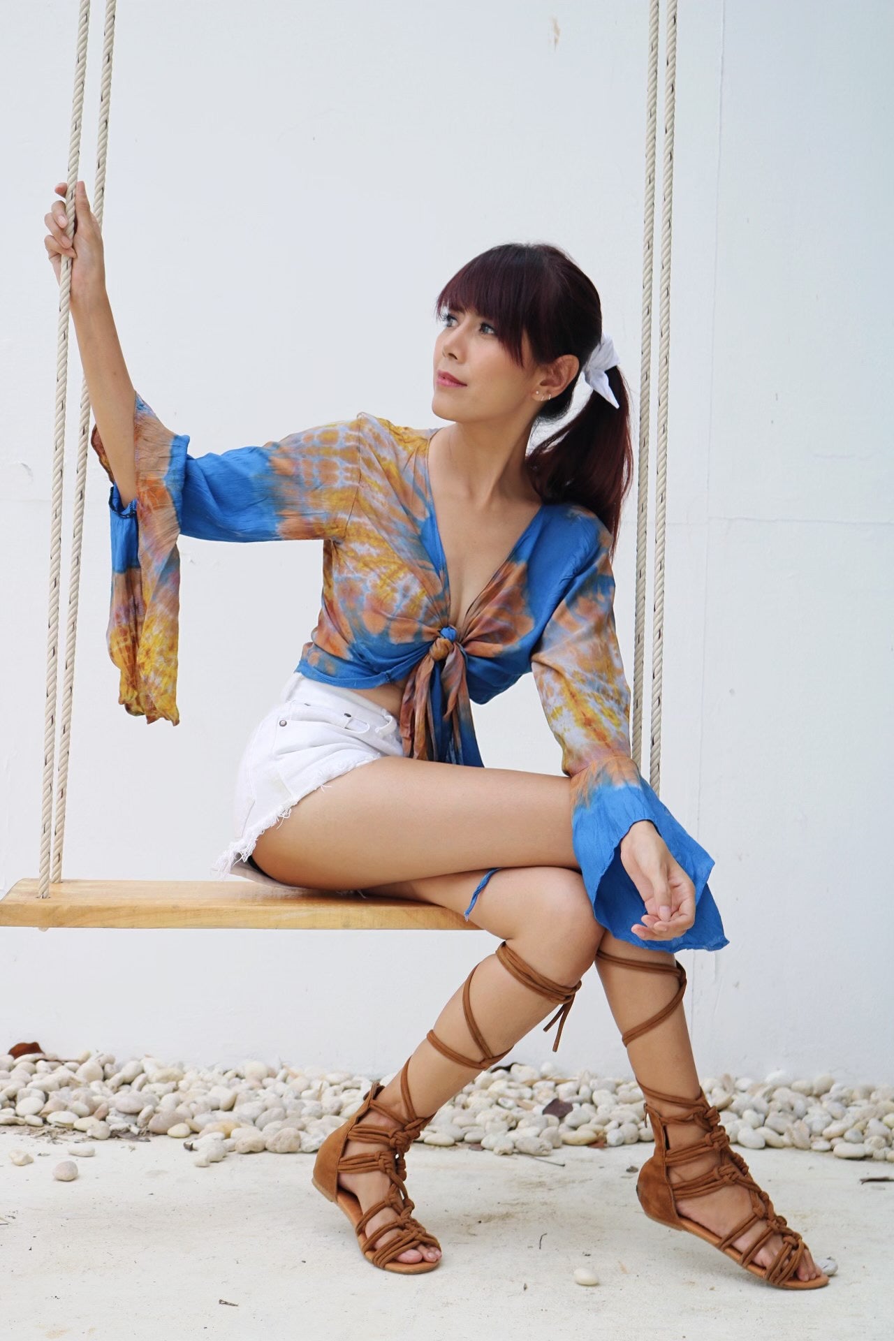 Women Petite & Teen CROP TOP Tie Front or Back Ruffle Bell Sleeve Free Size Handmade Tie Dye (06 Blue Moon)