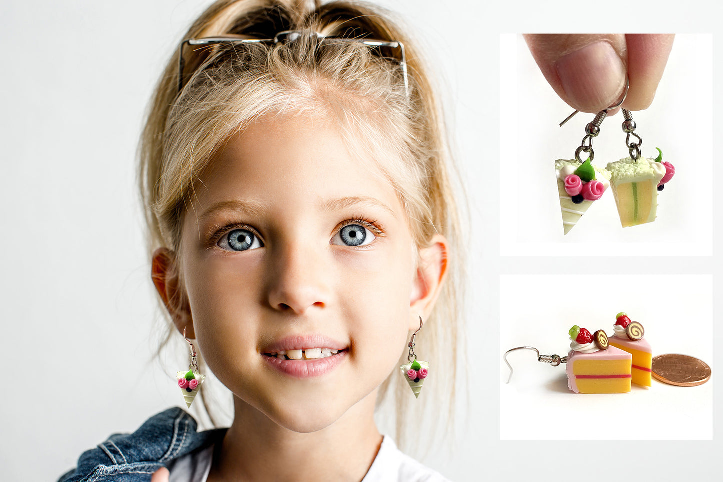 Handmade miniature food model earrings for Girls Teen - Slice Cake Lemon Cake