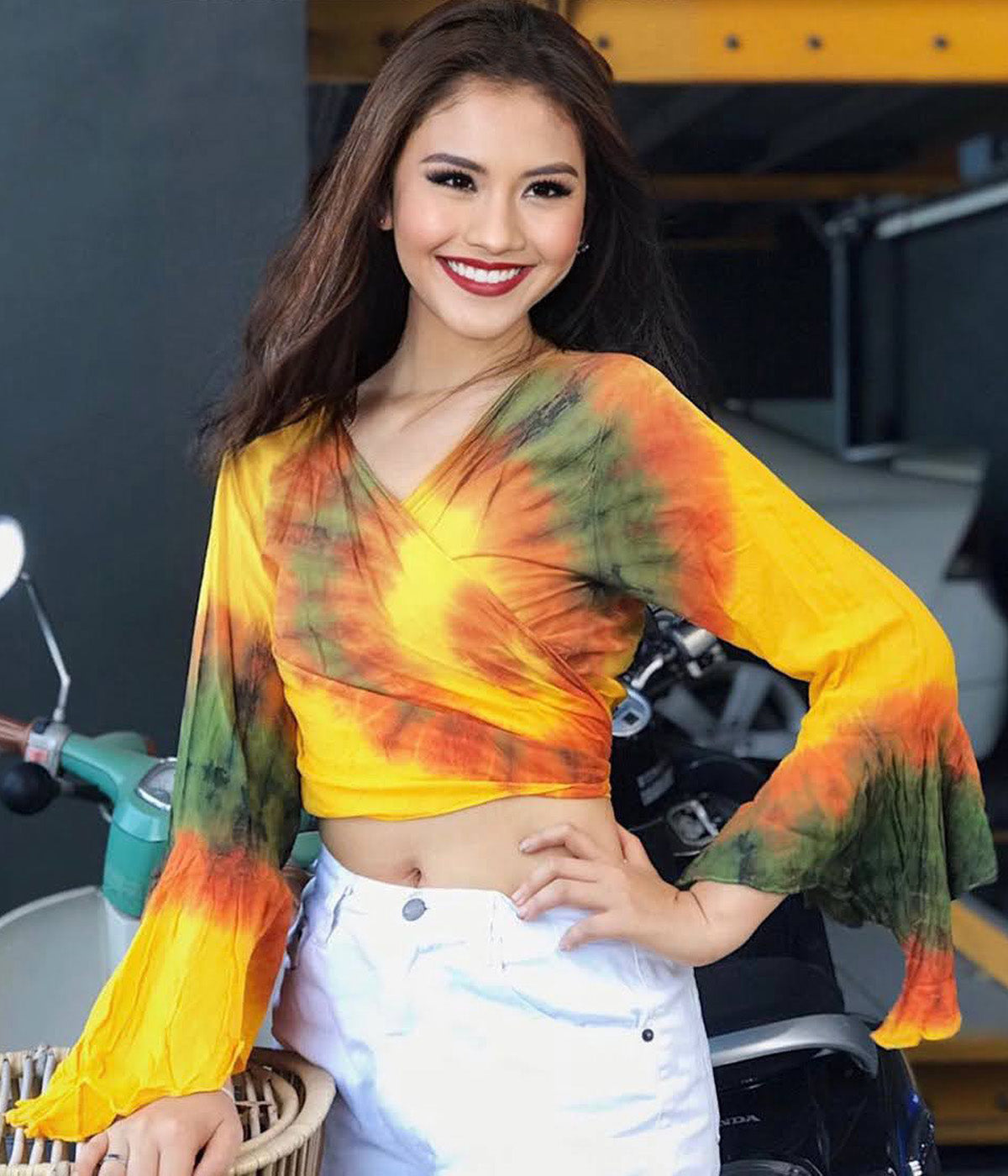 Women Petite & Teen CROP TOP Tie Front or Back Ruffle Bell Sleeve Free Size Handmade Tie Dye (33-Yellow-Sunflower)