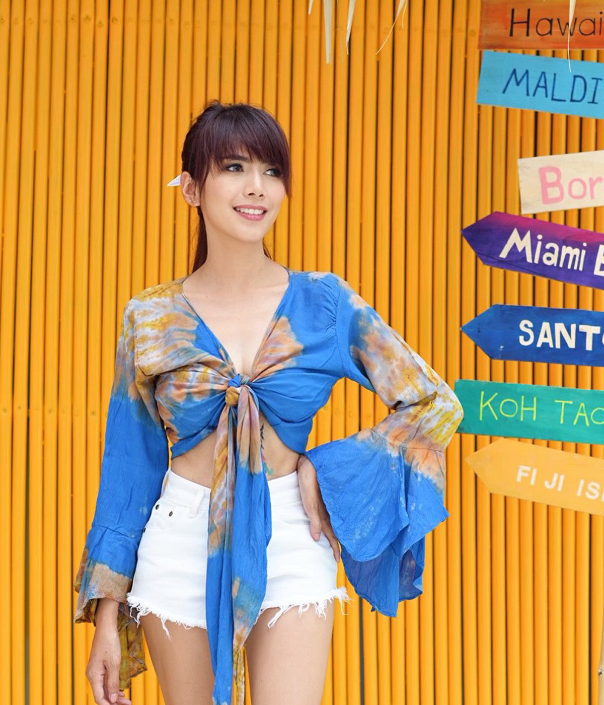 Women Petite & Teen CROP TOP Tie Front or Back Ruffle Bell Sleeve Free Size Handmade Tie Dye (06 Blue Moon)