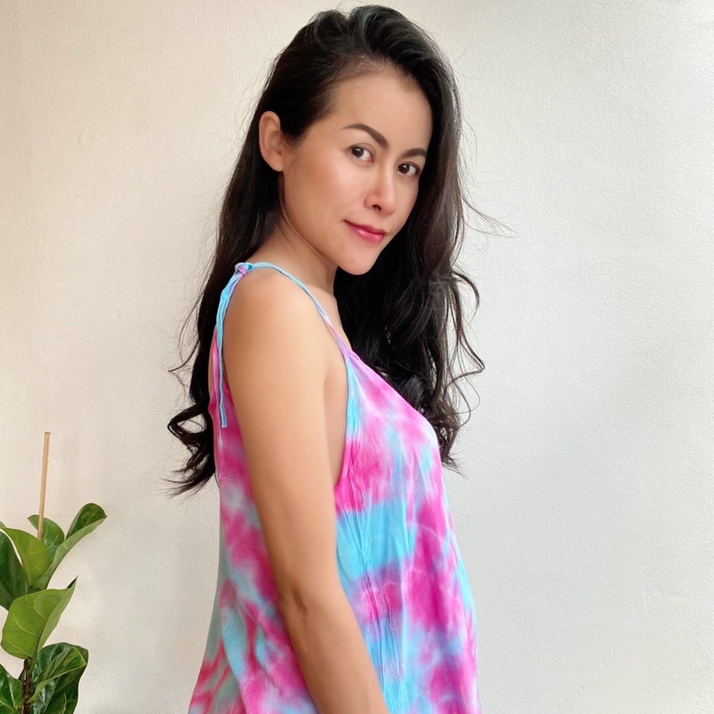 Cami Camisole Teen & Women, One Size Free Size Fit 0 to 8, Handmade Tie Dyed - Pink Blue Marble