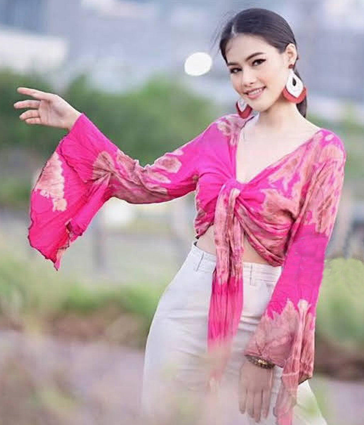 Women Petite & Teen CROP TOP Tie Front or Back Ruffle Bell Sleeve Free Size Handmade Tie Dye (20 Pink Pretty)