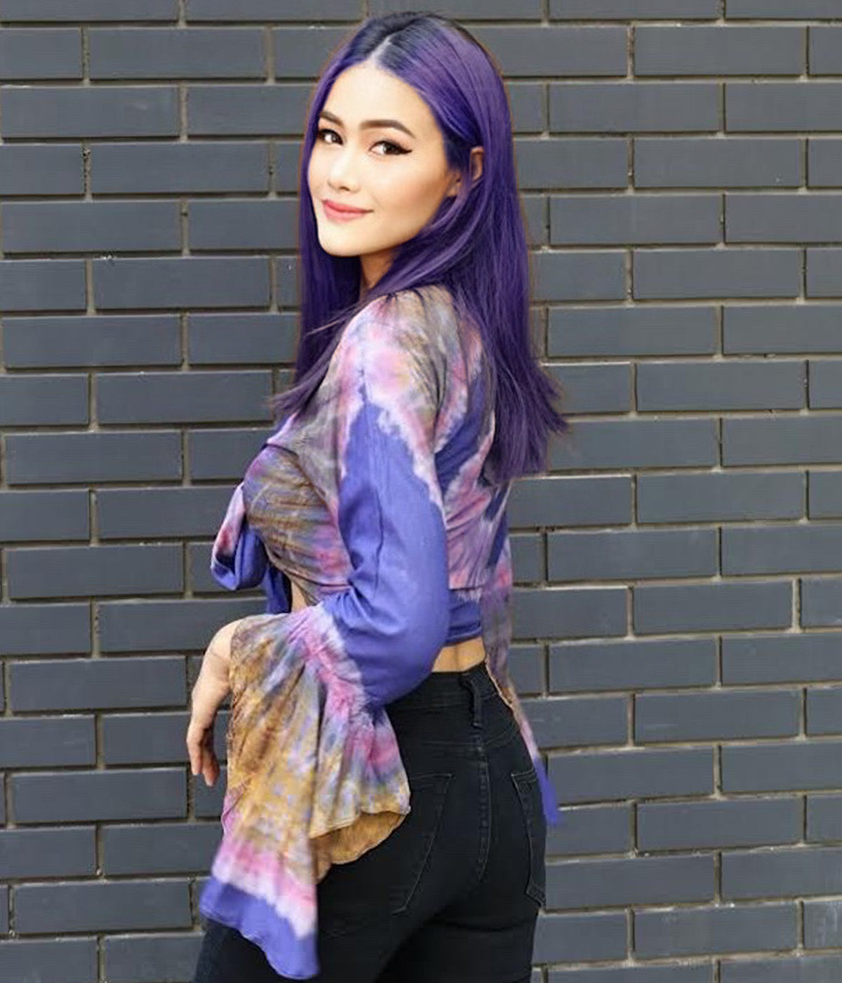 Women Petite & Teen CROP TOP Tie Front or Back Ruffle Bell Sleeve Free Size Handmade Tie Dye (24 Purple Orchid)