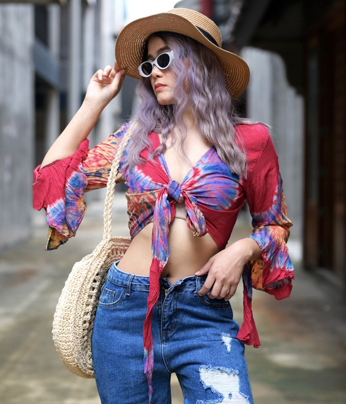 Women Petite & Teen CROP TOP Tie Front or Back Ruffle Bell Sleeve Free Size Handmade Tie Dye (25 Red Coral)