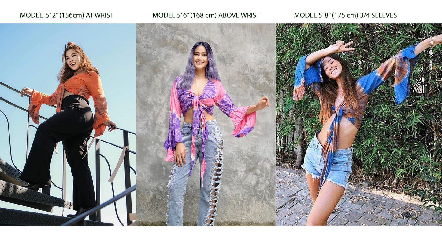 Women Petite & Teen CROP TOP Tie Front or Back Ruffle Bell Sleeve Free Size Handmade Tie Dye (21 Pink Purple Amethyst)