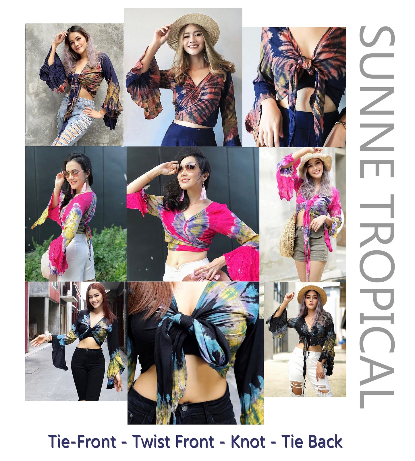 Women Petite & Teen CROP TOP Tie Front or Back Ruffle Bell Sleeve Free Size Handmade Tie Dye (26 Red Garnet)