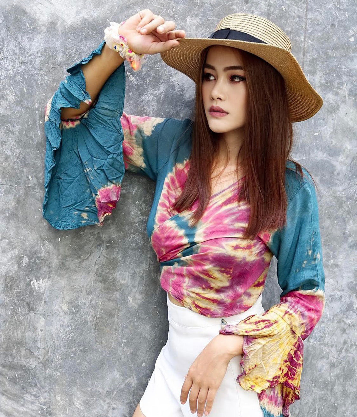 Women Petite & Teen CROP TOP Tie Front or Back Ruffle Bell Sleeve Free Size Handmade Tie Dye (29 Turquoise Lapis)